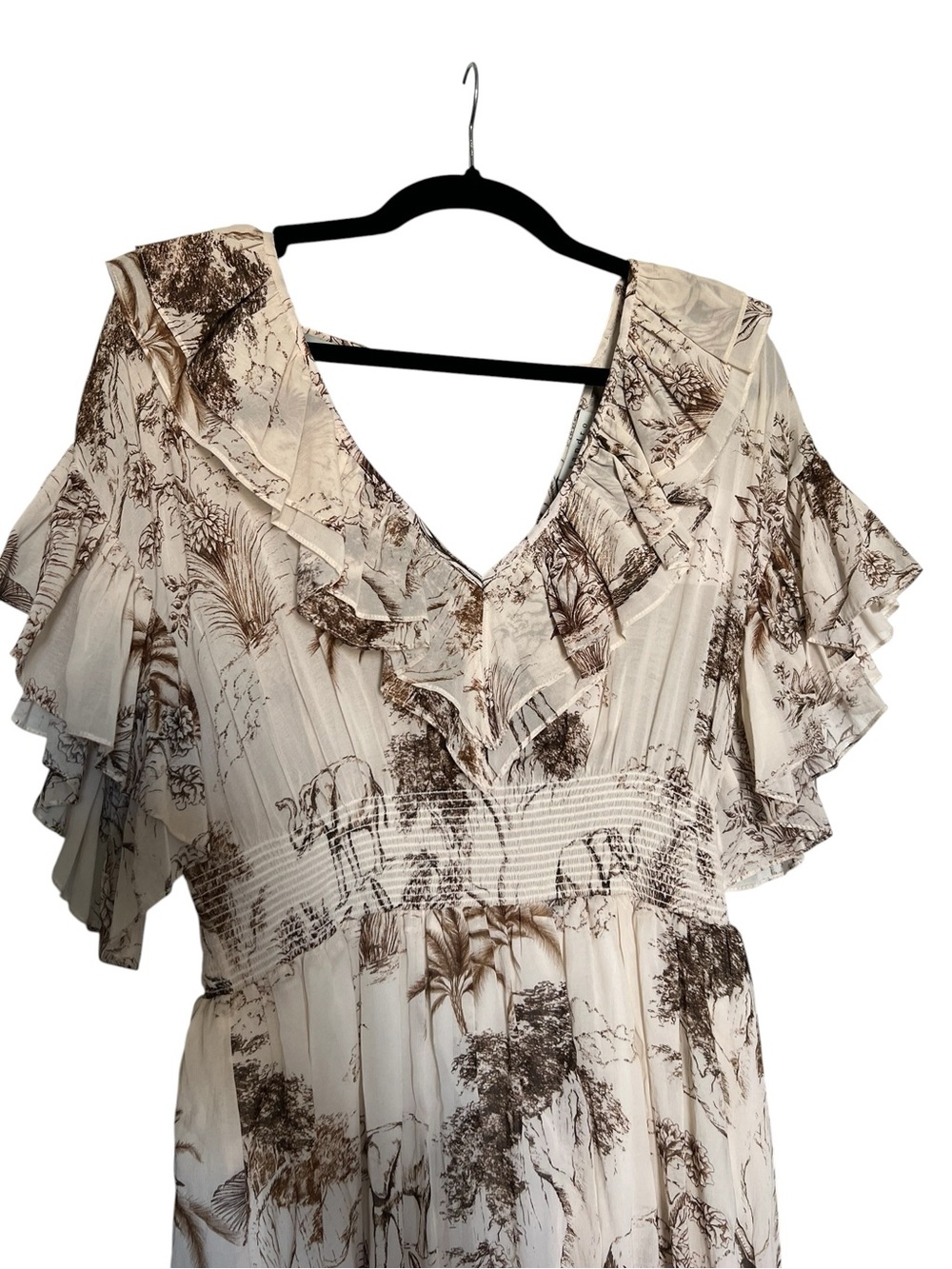 SANDRO Natural Marro Ruffled Printed Gauze Midi Dress - Picture 4 of 12